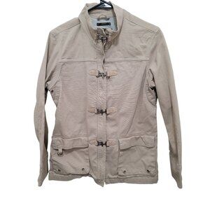 Eddie Bauer Beige Cotton Jacket With Metal Toggle Closures Multiple Pockets Size
